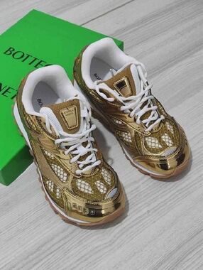 Bottega Veneta Metallic Gold Mesh Lace-Up Sneakers for Women